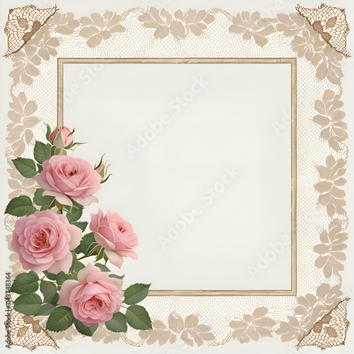 Rose border frame cream color background for wedding invitation card design, square rose frame card wedding background