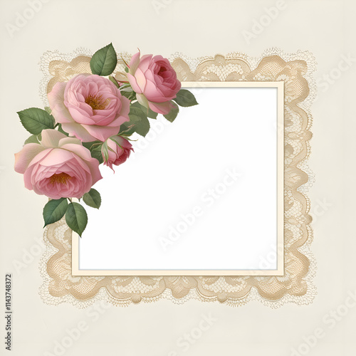 Rose border frame cream color background for wedding invitation card design, square rose frame card wedding background