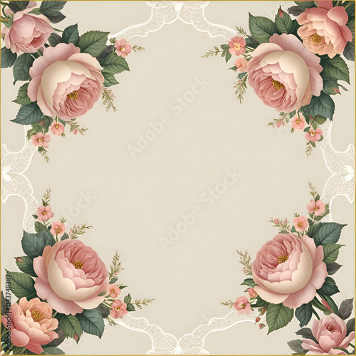 Rose border frame cream color background for wedding invitation card design, square rose frame card wedding background