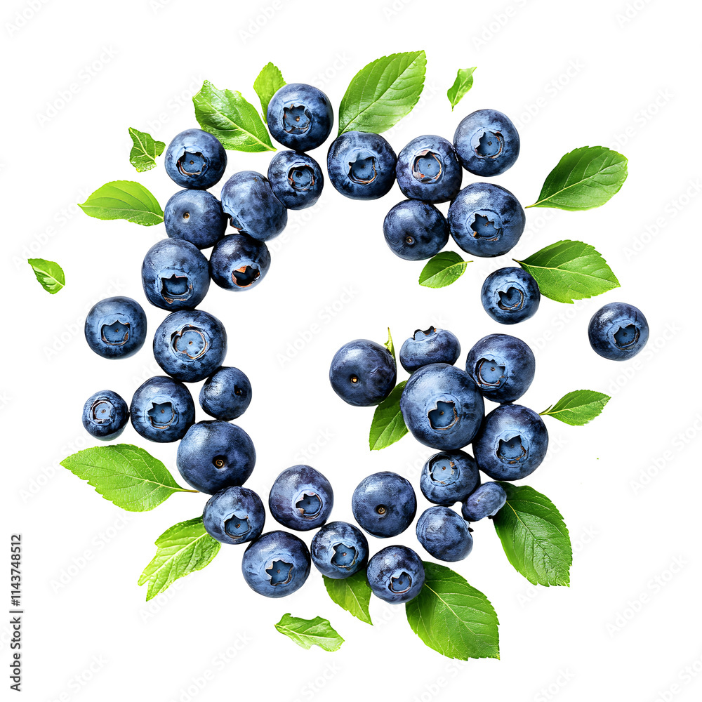 Fresh Blueberries & Green Leaves Arranged in a Circle on White Background Fresh Blueberries & Green Leaves Arranged in a Circle on White Background