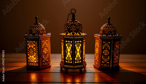 Three glowing Arabic lanterns with intricate designs illuminate a wooden table, creating a warm, festive atmosphere, perfect for Ramadan or Eid visuals.
 photo