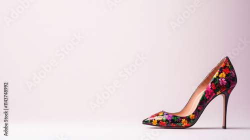 Stylish floral high heel shoe on a minimalist background.