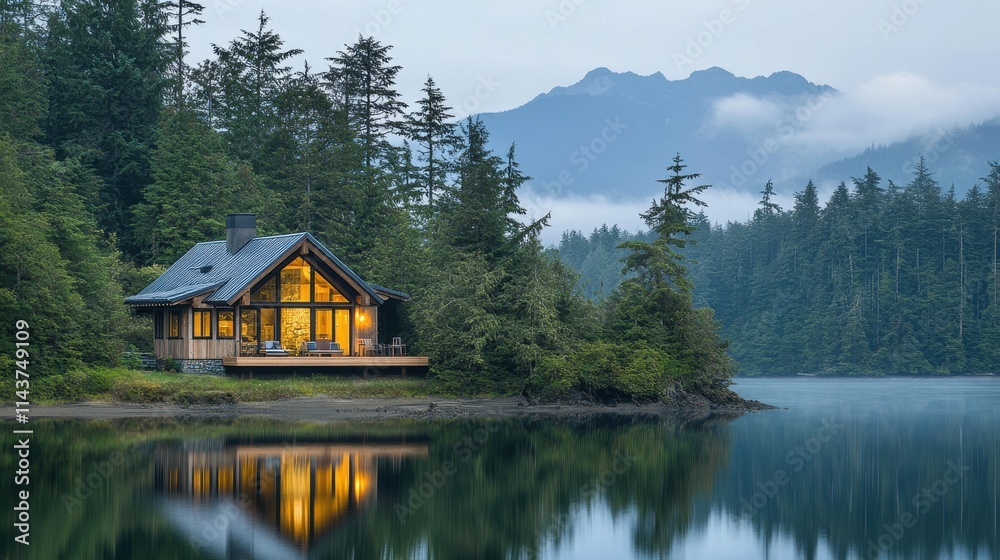 Fototapeta premium Cozy Lakeside Cabin Retreat in Serene Mountain Wilderness at Dusk