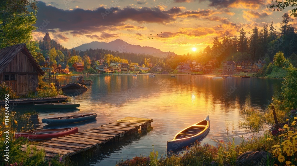 Fototapeta premium Tranquil sunset over a small lake with boats and a picturesque village in the background