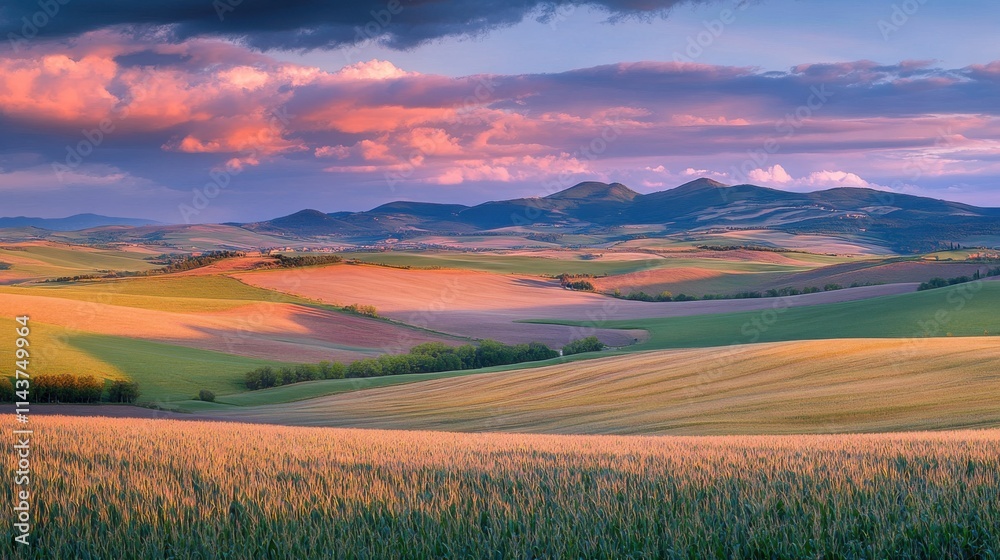 Endless landscape of golden wheat and flourishing corn under a vibrant sky at sunset Endless landscape of golden wheat and flourishing corn under a vibrant sky at sunset