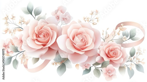 Detailed vector graphic of large pastel pink roses intertwined with ribbons and delicate floral embellishments, creating a luxurious and romantic template.