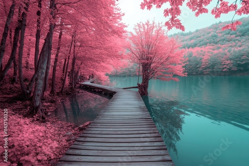 Surreal landscape wooden boardwalk over lake vibrant coral pink trees and foliage photo