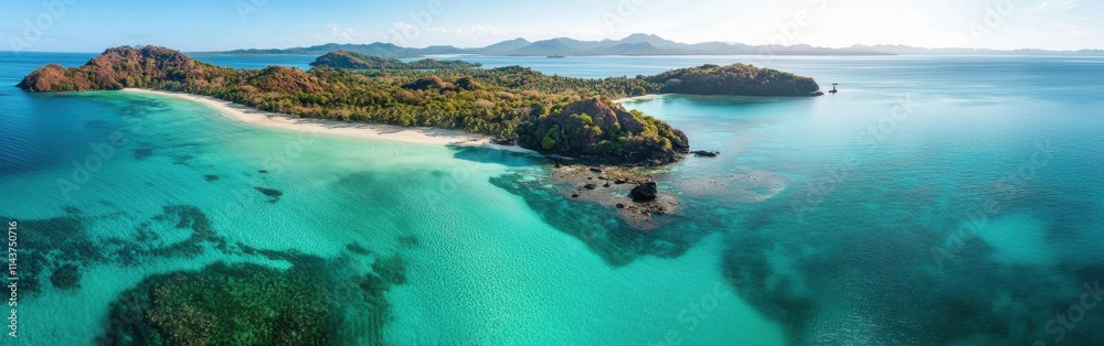 Breathtaking drone view of turquoise waters and lush coastline in a tropical paradise Breathtaking drone view of turquoise waters and lush coastline in a tropical paradise