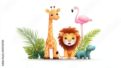 Cartoon wild animals like a lion, tiger, elephant, crocodile, giraffe, and flamingo in vibrant colors, isolated in vector style. Ideal for creating engaging designs for kids' events or merchandise. photo