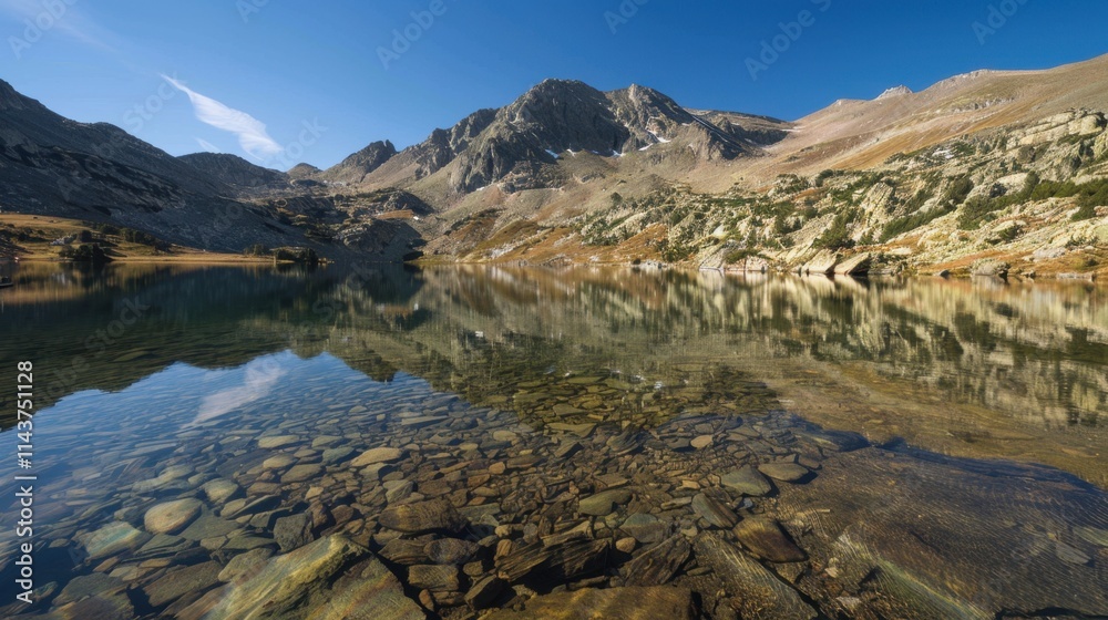 A mountain reflection in a crystal clear alpine lake, stunning and serene. Natural sunlight. A mountain reflection in a crystal clear alpine lake, stunning and serene. Natural sunlight.