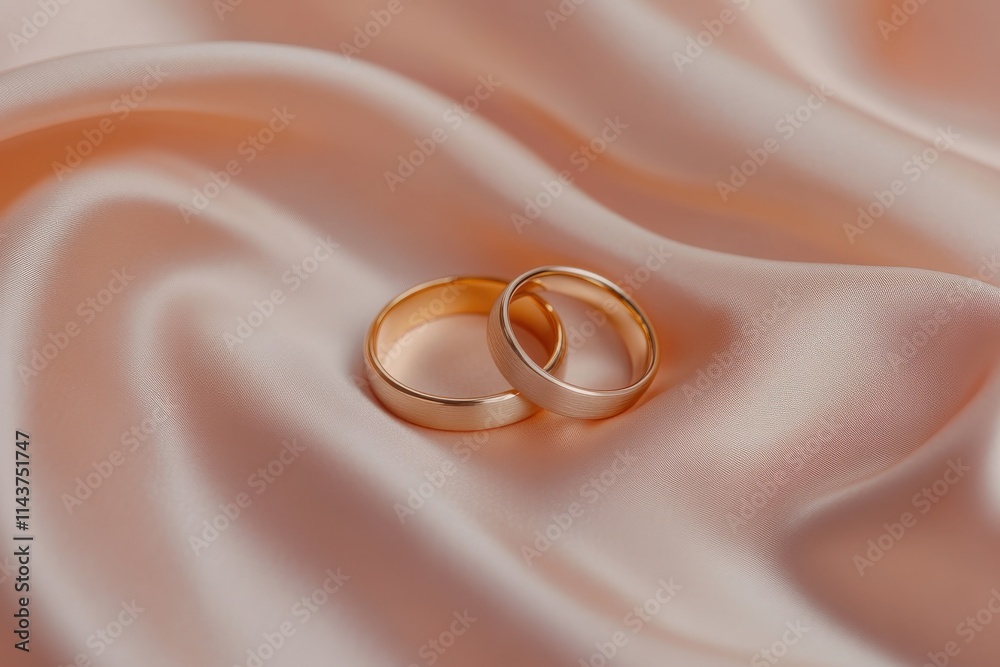 Two gold wedding bands placed on a smooth blush-pink silk fabric Two gold wedding bands placed on a smooth blush-pink silk fabric