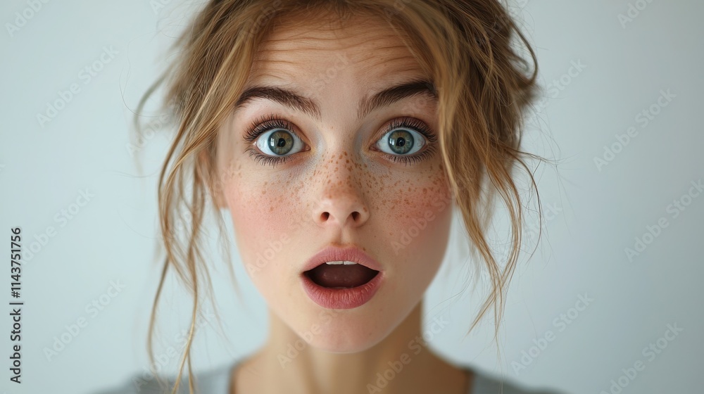 Surprised Young Woman with Freckles and Blue Eyes Expressing Shock Surprised Young Woman with Freckles and Blue Eyes Expressing Shock