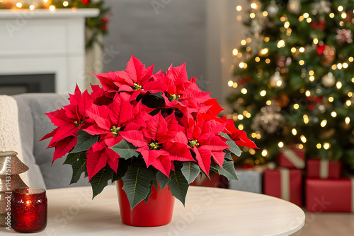 Red poinsettia flowers creating festive christmas atmosphere photo