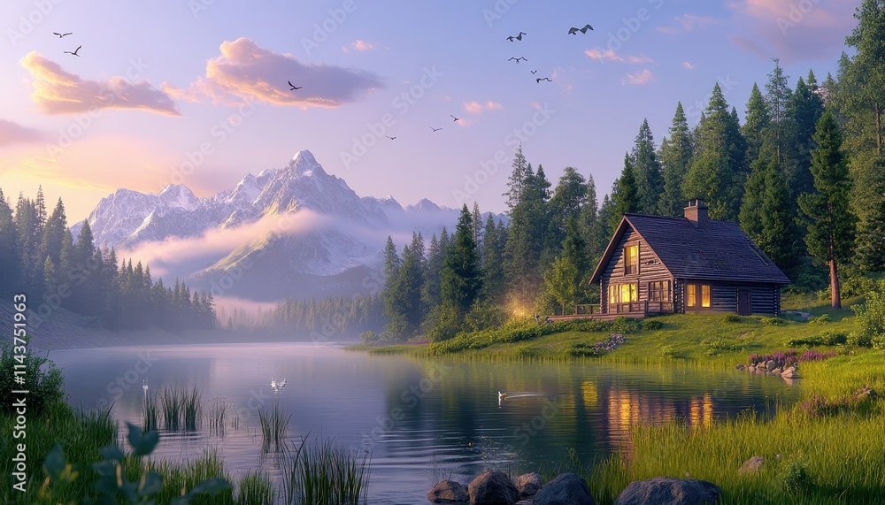 Fototapeta premium A Serene Lakeside Cabin Retreat in the Majestic Mountains at Sunset