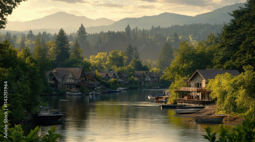 Obraz premium Serene village views along the river surrounded by mountains at sunset
