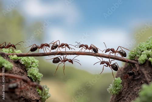 several ants collaboratively using a small twig as a bridge to cross a gap between two mossy mounds. photo