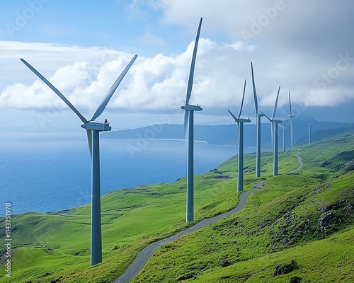 Wind turbines with hightech digital overlays, showcasing the integration of renewable energy and advanced technology in the green energy sector photo