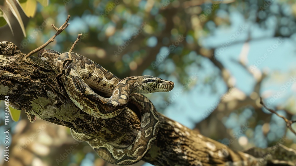 A python resting on a tree branch against the sky, showcasing its natural habitat. Natural daylight. A python resting on a tree branch against the sky, showcasing its natural habitat. Natural daylight.