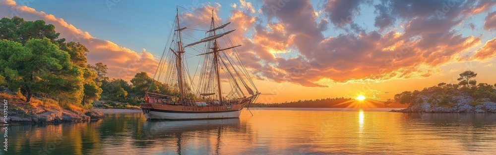 Sailing ship anchored peacefully at sunset with vibrant colors reflecting on calm waters Sailing ship anchored peacefully at sunset with vibrant colors reflecting on calm waters