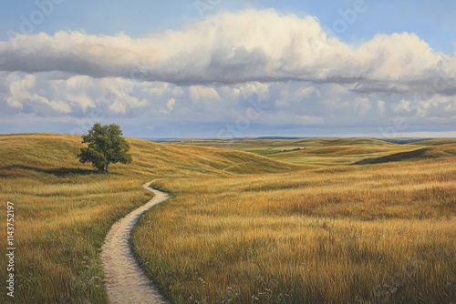 Vast golden grassland winding dirt path solitary green tree rolling hills dramatic cloudy sky photo