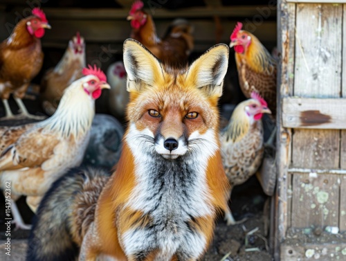 A red fox surrounded by chickens in a coop, with a playful yet mischievous expression, set against a rustic farm background. Natural daylight. photo