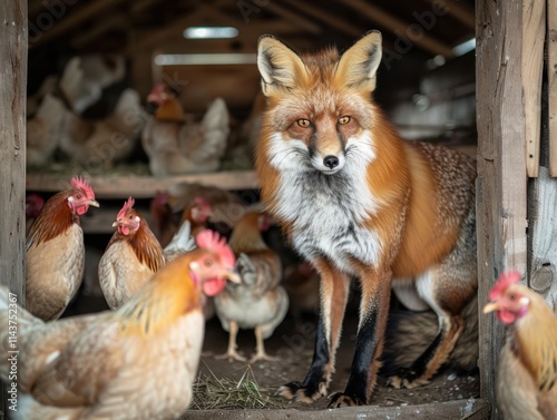 A red fox surrounded by chickens in a coop, with a playful yet mischievous expression, set against a rustic farm background. Natural daylight. photo