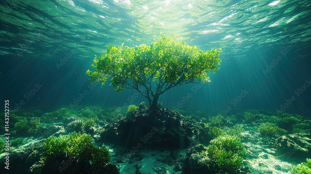 Obraz premium Underwater scene featuring a tree surrounded by coral.