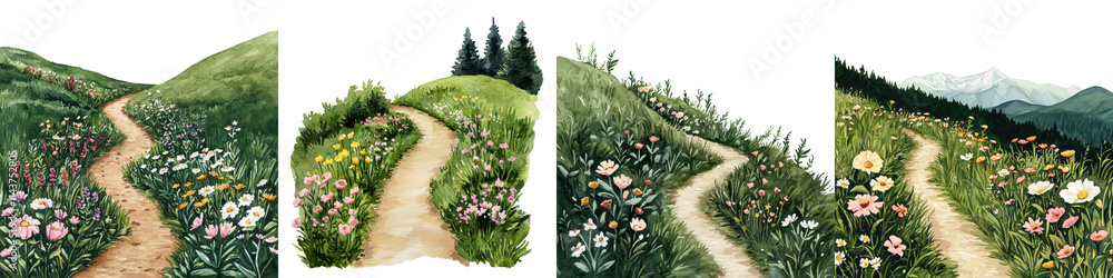 Winding Pathway Through Lush Meadow and Verdant Mountain Landscape