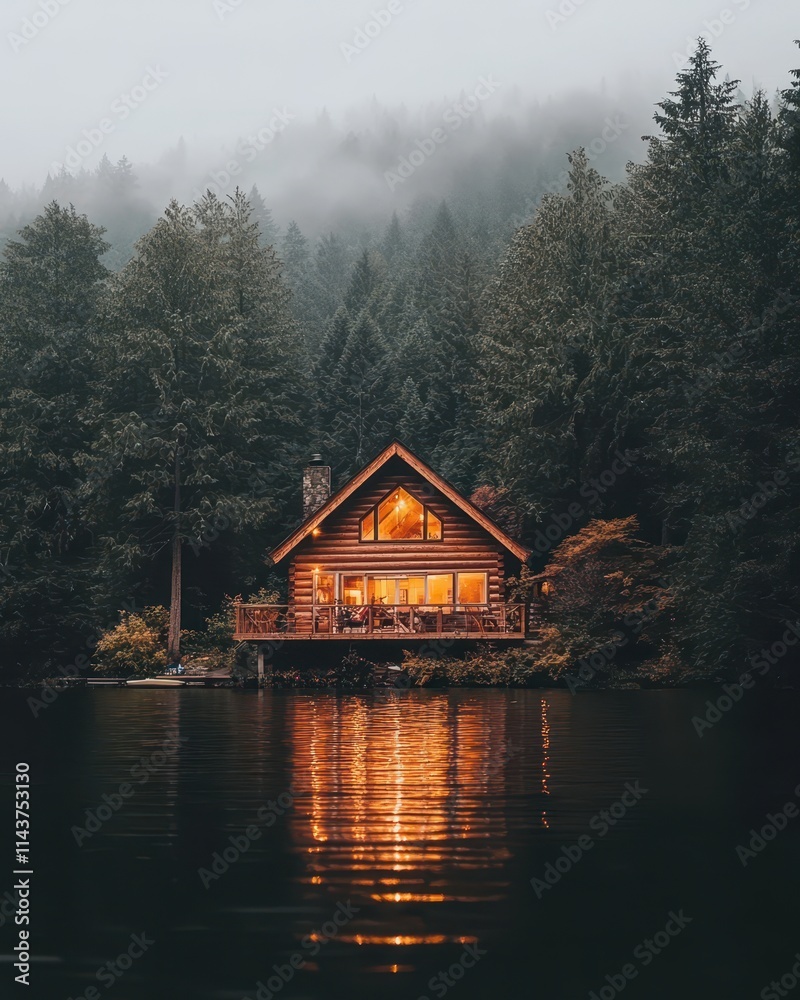 Fototapeta premium Cozy Lakeside Cabin Retreat in the Misty Forest at Twilight
