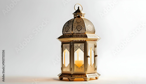 Golden Ramadan lantern glowing on white background with ample copy space, ideal for Islamic greetings, festive celebrations, and Ramadan-themed designs.
 photo