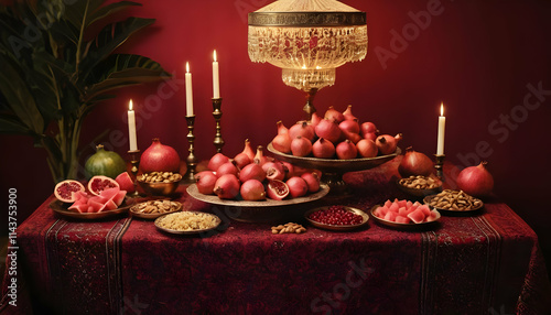 Yalda Night table with pomegranates, watermelon, nuts, and candles, featuring Persian decor and warm tones. Cozy ambiance perfect for celebrating the longest night of the year.
 photo