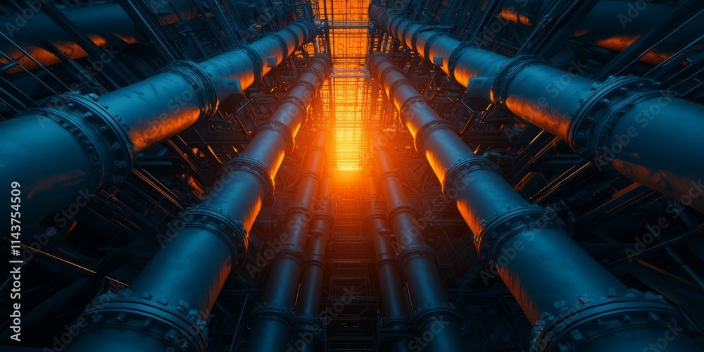 Industrial pipes illuminated by sunset urban location architectural shot industrial environment unique perspective Industrial pipes illuminated by sunset urban location architectural shot industrial environment unique perspective