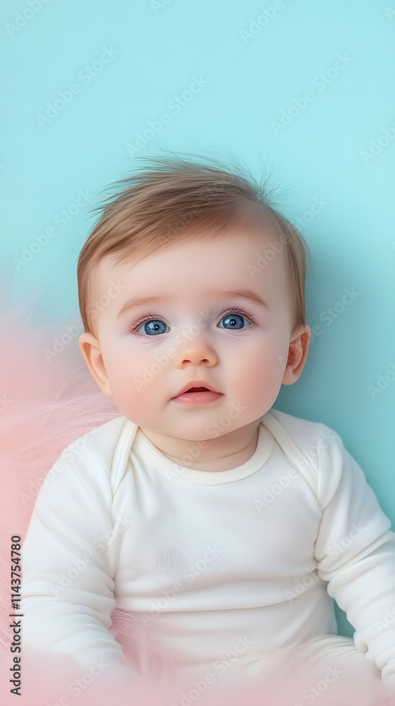 Adorable baby girl with blue eyes sitting on pink tulle. Adorable baby girl with blue eyes sitting on pink tulle.