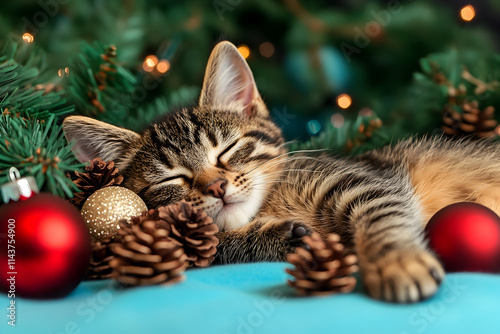 Cute tabby kitten relaxing with christmas ornaments and pine cones photo