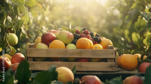 Fototapeta Naklejka Na Ścianę i Meble -  Rustic wooden crate filled with fresh fruits in a sunlit orchard during the harvest season