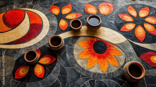 A lit diya sits on a vibrant and colorful surface. The diya is a traditional oil lamp used in Hindu ceremonies and festivals, symbolizing light, knowledge, and prosperity. photo