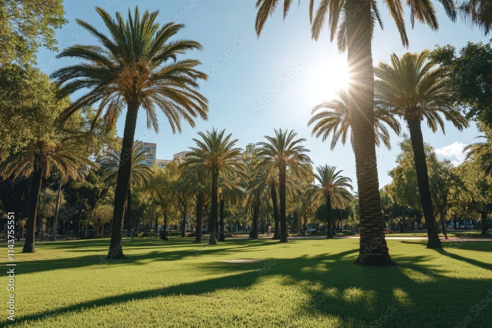 Sunlit Palm Trees in a Lush Green Park