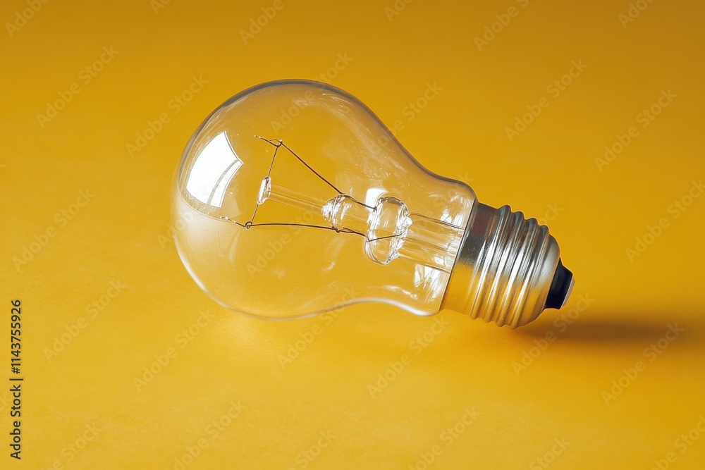 A clear incandescent light bulb placed on a vibrant yellow surface A clear incandescent light bulb placed on a vibrant yellow surface