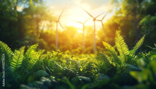 Renewable energy concept with wind turbines and lush green plants, symbolizing sustainable energy development and environmental conservation