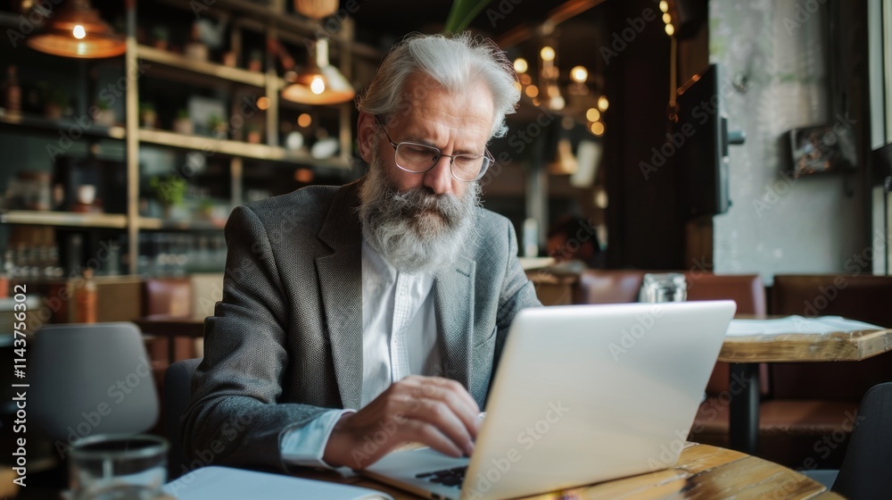 A serious bearded businessman working on a laptop in a café, intent on his task. Soft indoor lighting. A serious bearded businessman working on a laptop in a café, intent on his task. Soft indoor lighting.