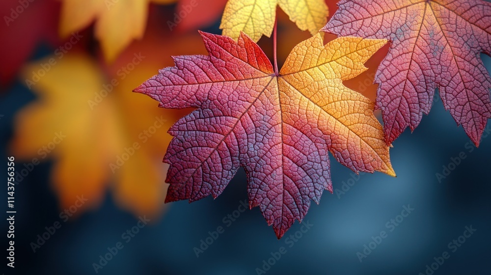 Close-up of vibrant autumn maple leaf with red, orange, and yellow hues against a blurred background. Close-up of vibrant autumn maple leaf with red, orange, and yellow hues against a blurred background.