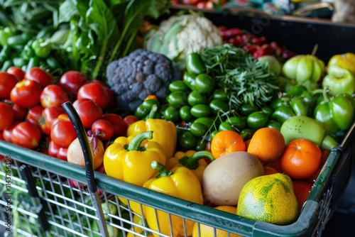 A shopping cart filled with assorted healthy fruits and vegetables, vibrant and fresh. Bright market lighting. photo