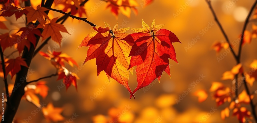 Autumnal landscape with vibrant leaves in the shape of intertwined hearts, set against a warm golden background Autumnal landscape with vibrant leaves in the shape of intertwined hearts, set against a warm golden background