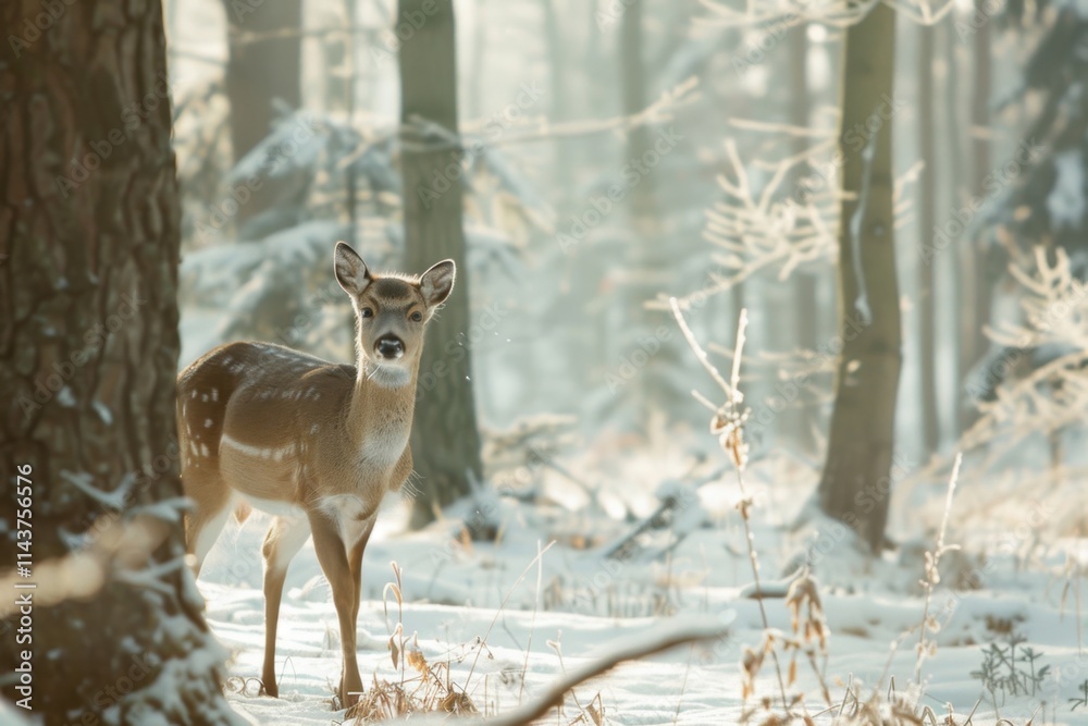 A silent winter forest with deer, capturing the tranquility and beauty of nature in the cold season. Soft natural light. A silent winter forest with deer, capturing the tranquility and beauty of nature in the cold season. Soft natural light.