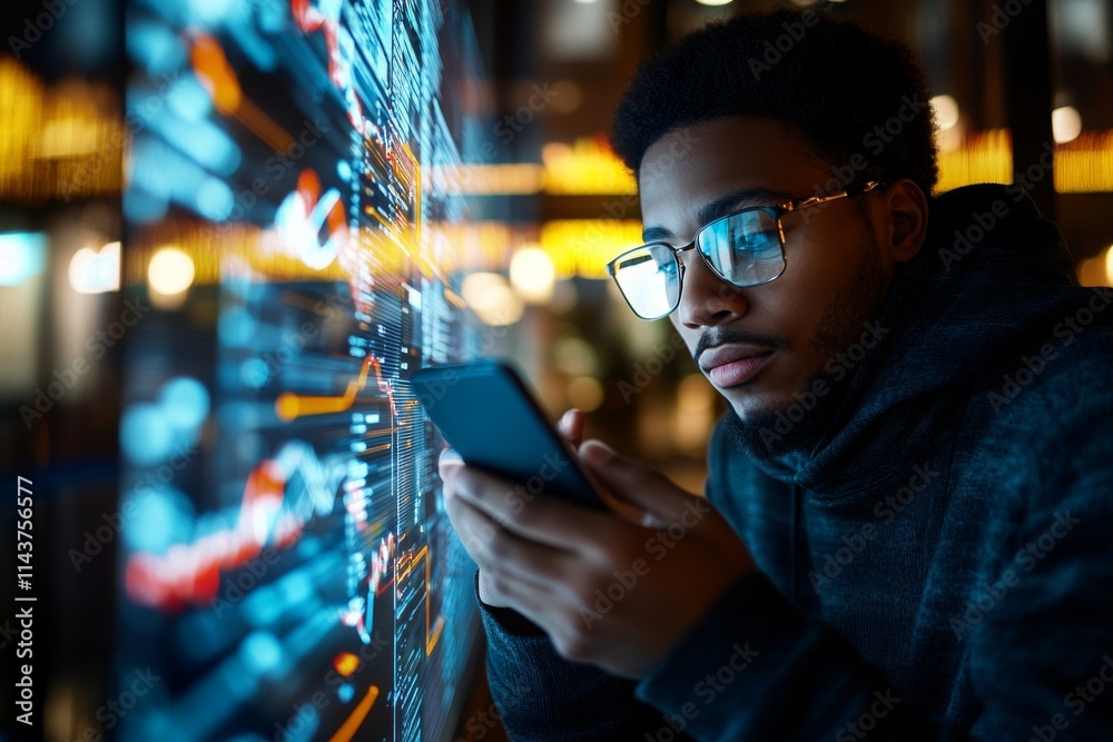 A concentrated man wearing glasses checks data on his smartphone, surrounded by illuminated digital screens in a futuristic urban setting, showcasing technology usage. A concentrated man wearing glasses checks data on his smartphone, surrounded by illuminated digital screens in a futuristic urban setting, showcasing technology usage.