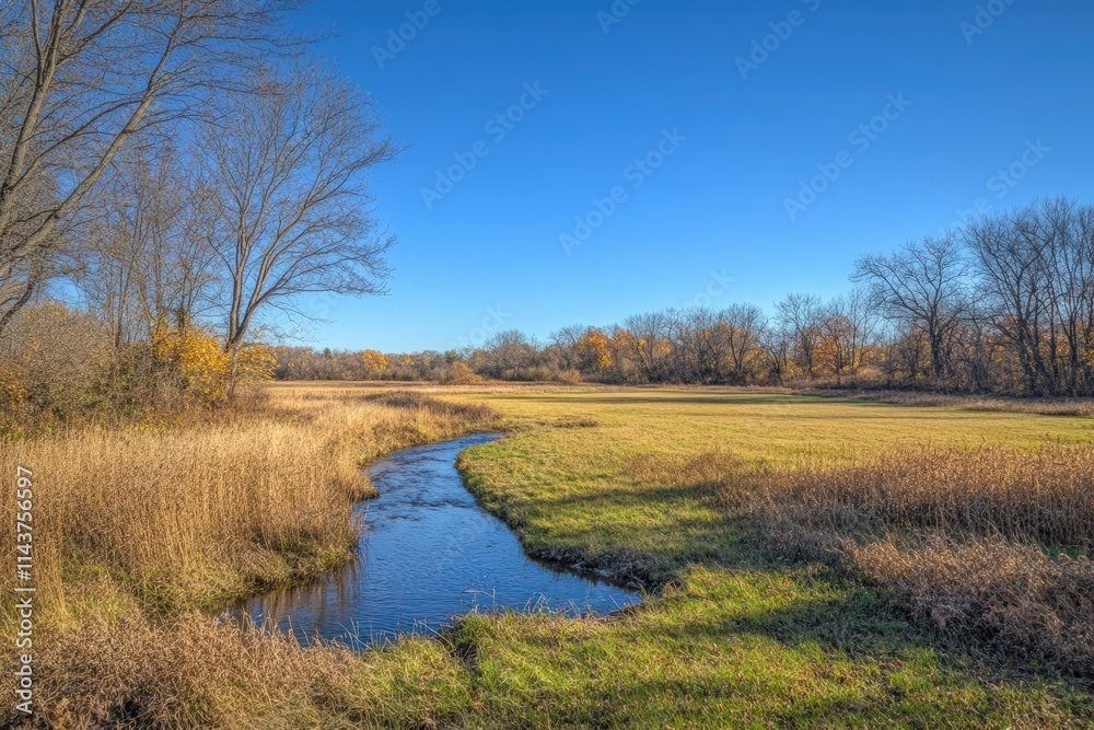 Serene Autumn Creek Flowing Through Golden Field Serene Autumn Creek Flowing Through Golden Field
