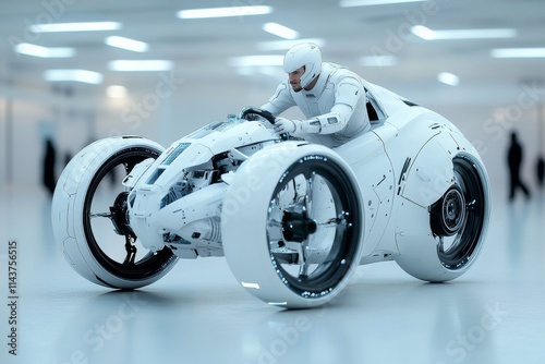 A futuristic cyclist rides a sleek, minimalist motorbike in an all-white indoor environment, emphasizing advanced technology and streamlined innovation. photo