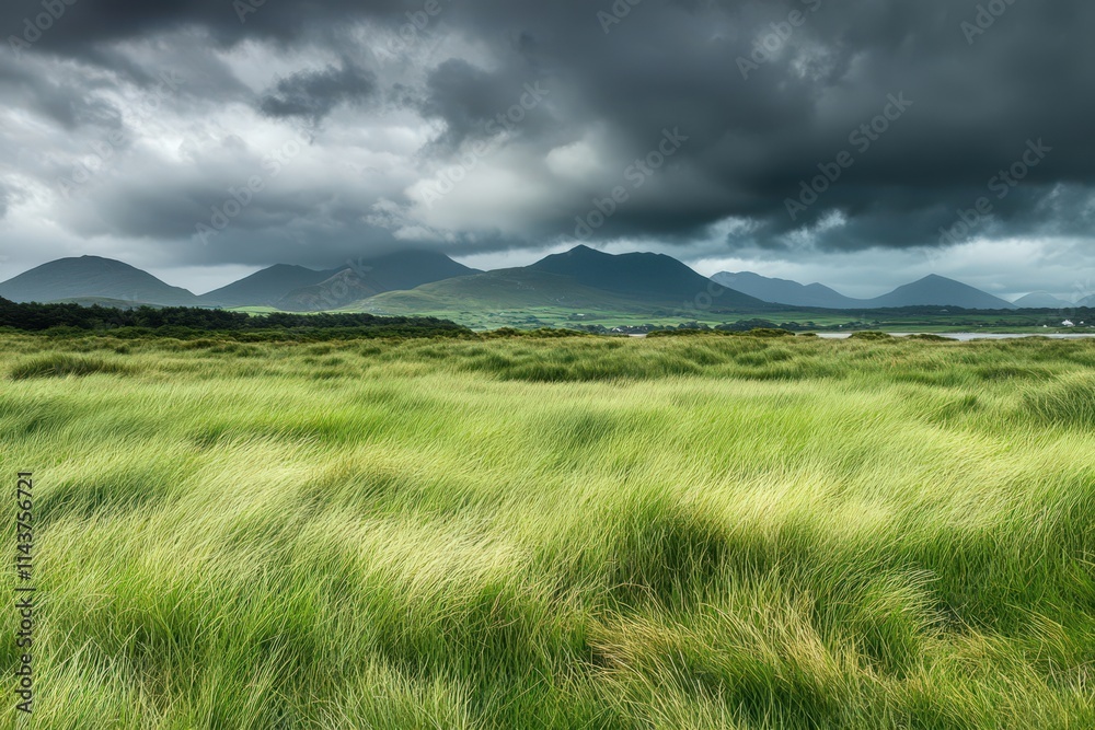 Fototapeta premium Rolling Green Grasslands Under Dramatic Mountainscape