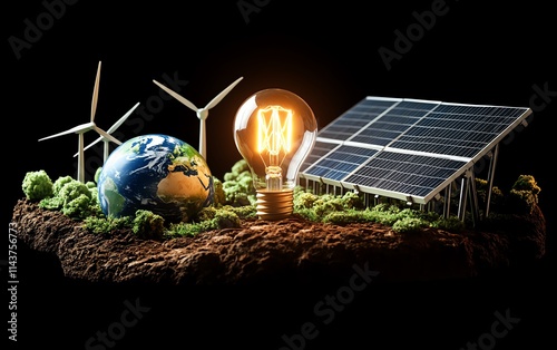 Renewable energy world with solar panels, wind turbines, and a light bulb on a small Earth, representing sustainable energy solutions across the globe photo