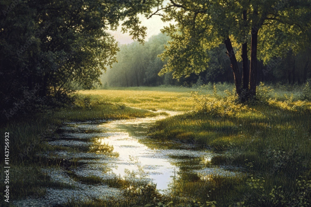 Serene Stream Flows Through Lush Green Forest Meadow Serene Stream Flows Through Lush Green Forest Meadow